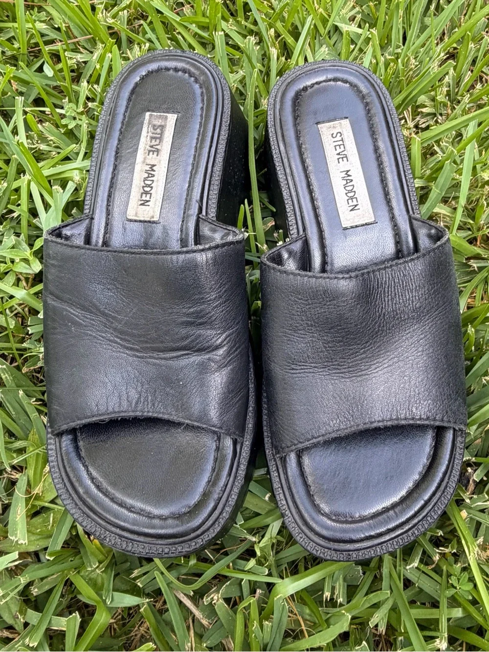 Steve Madden Vintage Y2K Black Leather Platform Slide Sandals Size 6.5